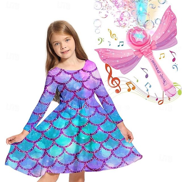  dětské dívčí šaty s elektrickým strojem na bubliny, dívčí 3D šaty mořské panny s dlouhým rukávem 3D tisk jaro podzim každodenní dovolená dovolená roztomilé ležérní sladké děti 3-10 let swingové šaty