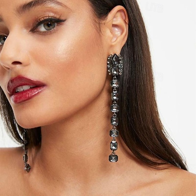  Women's Hoop Earrings Long Precious Stylish Simple Imitation Diamond Earrings Jewelry Black For Wedding Party 1 Pair