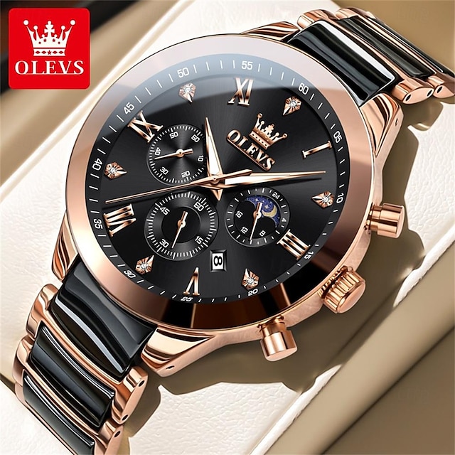  Olevs 7004 メンズ腕時計セラミックバンドクロノグラフ日付発光防水高級クォーツ時計マントップブランド男性腕時計