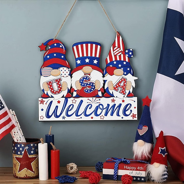  Patriotic Wooden Craft Door Plaque - Festive Home Decoration Dwarf Gnome Print Hanging Ornament for National Day Celebration Welcome Independence Day with Style For Memorial Day/The Fourth of July