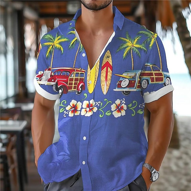 Palmboom Bus Vakantie Hawaii Resortstijl Voor heren Overhemd Buiten Vakantie Strand Zomer Strijkijzer Korte mouw Blauw Groen S M L Overhemd