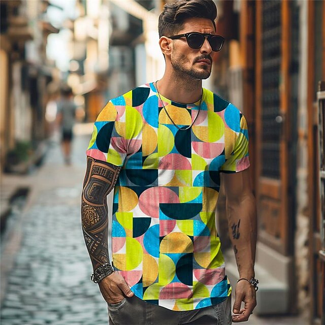 Men's Geometry T Shirt Short Sleeve T shirt Crew Neck Shirt Fashion Hawaiian Casual Outdoor Vacation Street Green Summer Clothing Apparel S M L XL 2XL 3XL 5