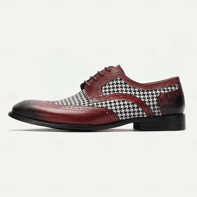  Sapatos masculinos derby brogue vinho vermelho clássico houndstooth couro italiano couro de grão integral com cadarço