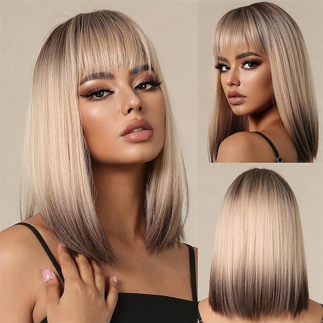  Bob Ombre Brown Blonde Wig with Bangs Natural Short Straight Wigs for Women Shoulder Length Synthetic Wigs for Daily Cosplay