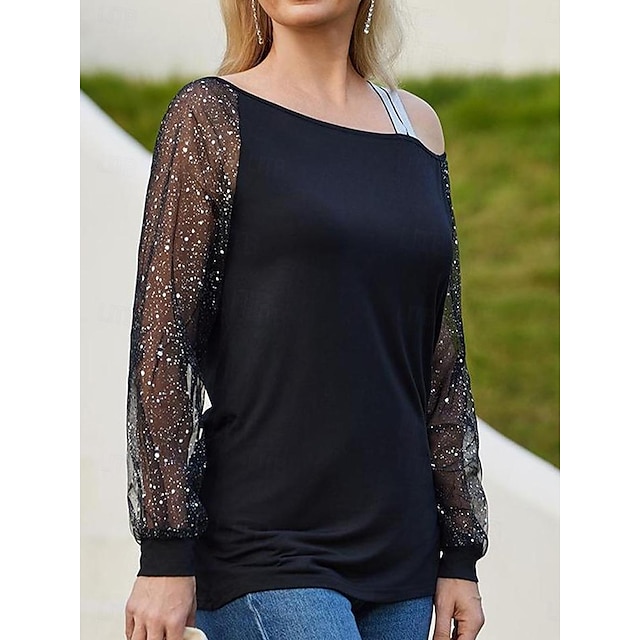  Women's T shirt Tee Long Sleeve Should Off Modal Mesh Patchwork Daily Casual Tee Fit Summer Spring