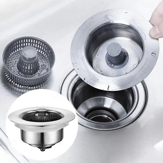  Stainless Steel Kitchen Sink with Pop-Up Drain Core, Drain Strainer Filter, Vegetable Washing Basin, Leak-proof Sink Plug, Dishwashing Sink Basket