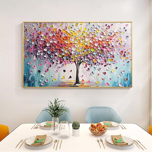  Large Palette Knife Tree painting hand painted Wall art Modern Abstract Colorful Tree Oil Painting On Canvas Rich Texture corlorful tree painting for Living Room Wall Decor Red Pink Blue