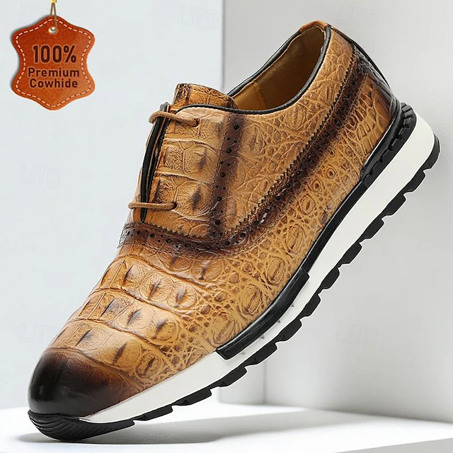 Men's Sneakers Dress Sneakers Leather Italian Full-Grain Cowhide Slip Resistant Lace-up Almond Brown Green 16