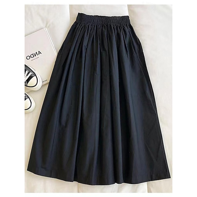  Women's A Line Long Skirt Midi Skirts Pocket Multiple Pockets Solid Colored Casual Daily Weekend Summer Polyester Retro Vintage Casual Ash Apricot Black Khaki