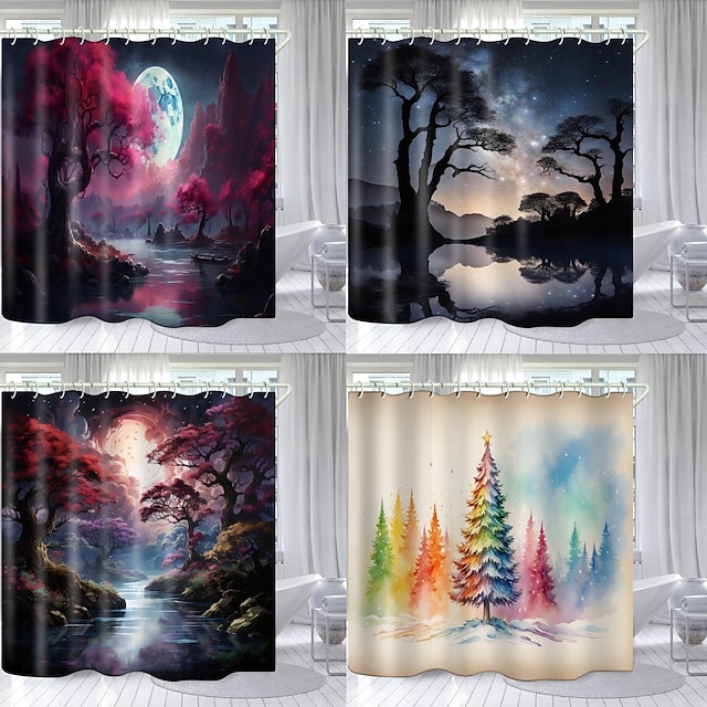  Starry Sky Forest Series Bathroom Shower Shower Curtain with Hooks Bathroom Decor Waterproof Fabric Shower Curtain Set with12 Pack Plastic Hooks