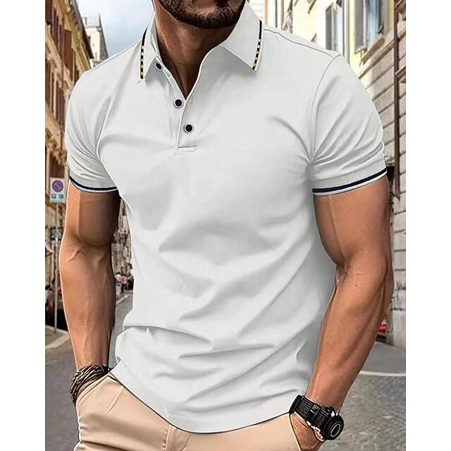 Men's Golf Shirt Golf Polo Work Casual Lapel Short Sleeve Basic Modern Color Block Patchwork Button Spring & Summer Regular Fit Wine Lake Blue Black White Pink Navy Blue Golf Shirt 11
