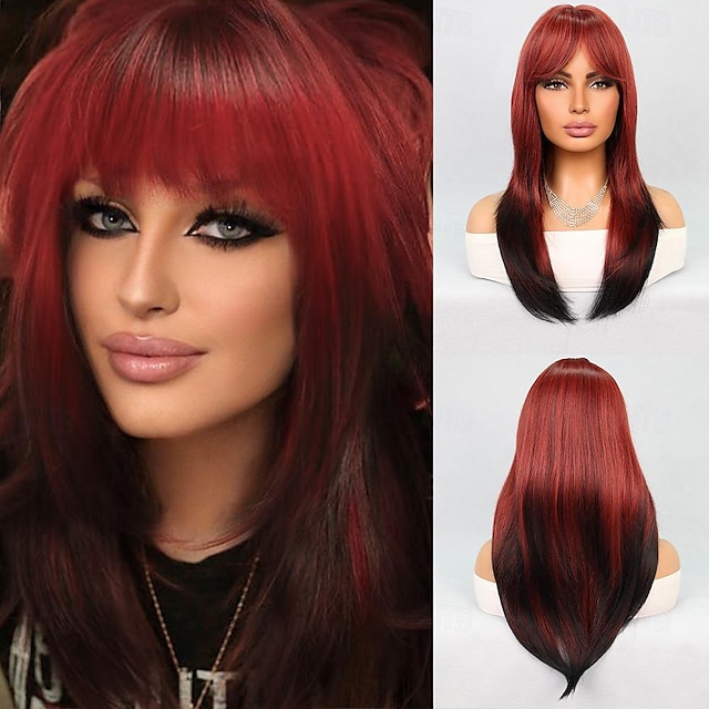  Synthetic Wig Straight Neat Bang Wig 22 inch Black / Burgundy Synthetic Hair Women's Multi-color Mixed Color