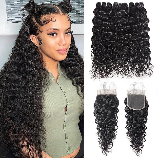  12A Water Wave Bundles With Frontal Wet and Wavy Virgin Curly Loose Deep 100% Human Hair Bundles With Closure  Hair