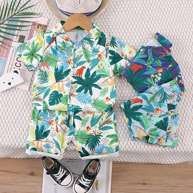  2 deler Baby Gutt T-skjorter og shorts Antrekk Grafisk Langermet Sett utendørs Mote Sommer Vår 1-3 år gammel Hvit Blå Grønn