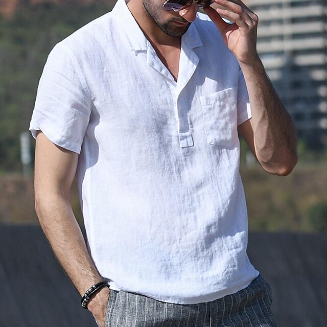  Men's Shirt Linen Shirt Popover Shirt Summer Shirt Beach Wear Casual Shirt Solid Color Vacation Street Black White Yellow Green Short Sleeve Shirt Collar Summer Spring Clothing Apparel Pocket