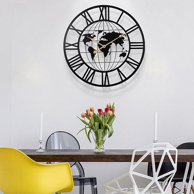  Wall Clock Iron Round Office Clock Creative Map Personality Mute Hanging Watch Nordic Living Room Clock Home Decor 60 cm