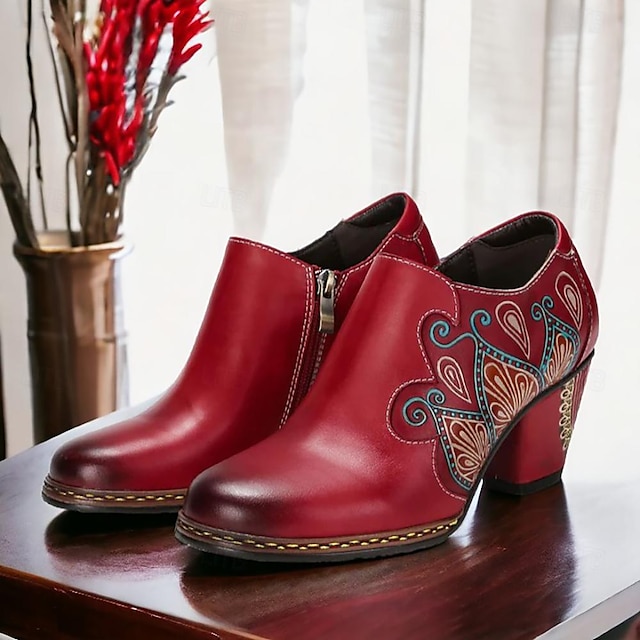  Damen Absätze Pumpen Handgefertigte Schuhe Vintage-Schuhe Party Geometrisch Konischer Absatz Runde Zehe Elegant Vintage Leder Schwarz Rot Blau