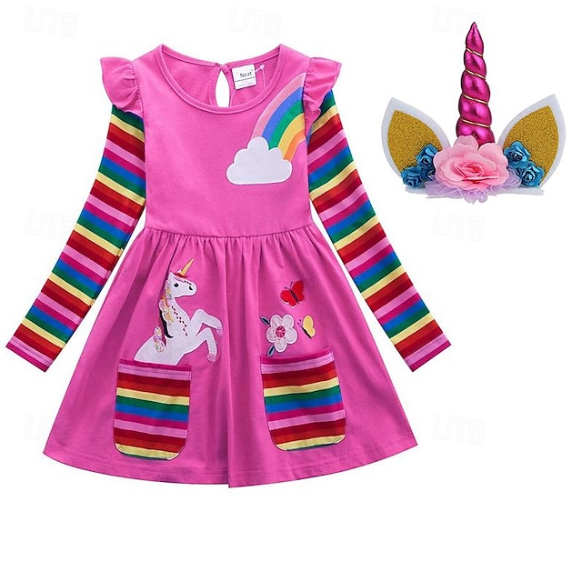  Kinderkleid für kleine Mädchen, Einhorn-Regenbogen-Blumen-T-Shirt-Kleid, T-Shirt-Kleid, Cartoon mit Taschen, bedruckt, Baumwolle über dem Knie, lange Ärmel, aktive Kleider, normale Passform, 2–8
