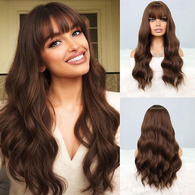  Synthetic Wig Natural Wave Neat Bang Wig 24 inch sepia Synthetic Hair Women's Brown