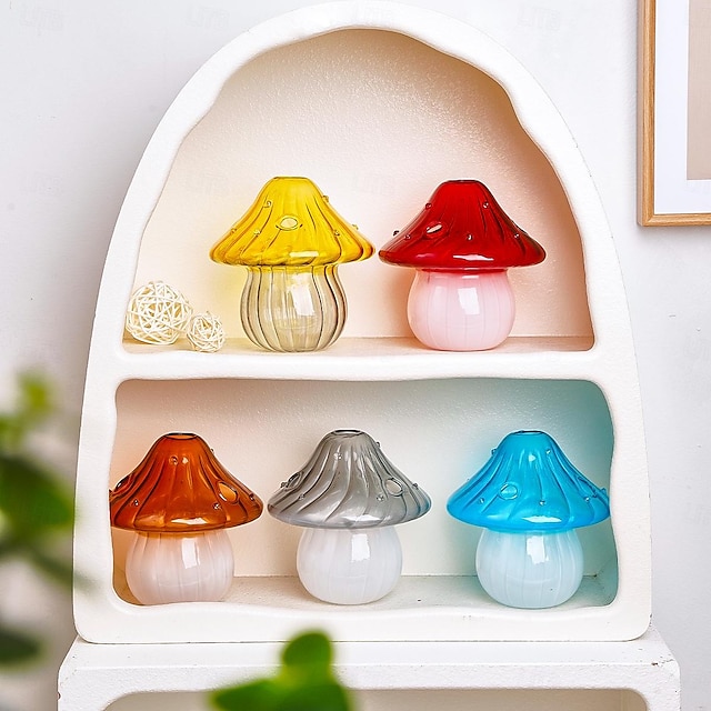 Farbige Pilzglasvase – transparente hydroponische Blumenvase für die Heimdekoration, handgefertigt mit Regenbogen-Sprühmalerei, geeignet für Wohnzimmer, Esstisch und Schreibtischdekoration