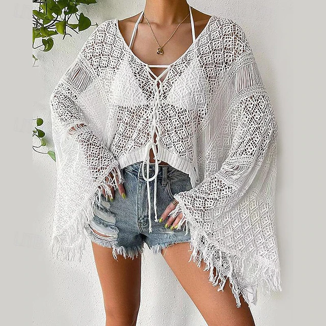 Women's White Elegant Lace Tops Blouse Eyelet top Sexy Plain Drawstring Crochet Street Daily Vacation Beach V Neck Regular Fit One-Size Black White Khaki 9