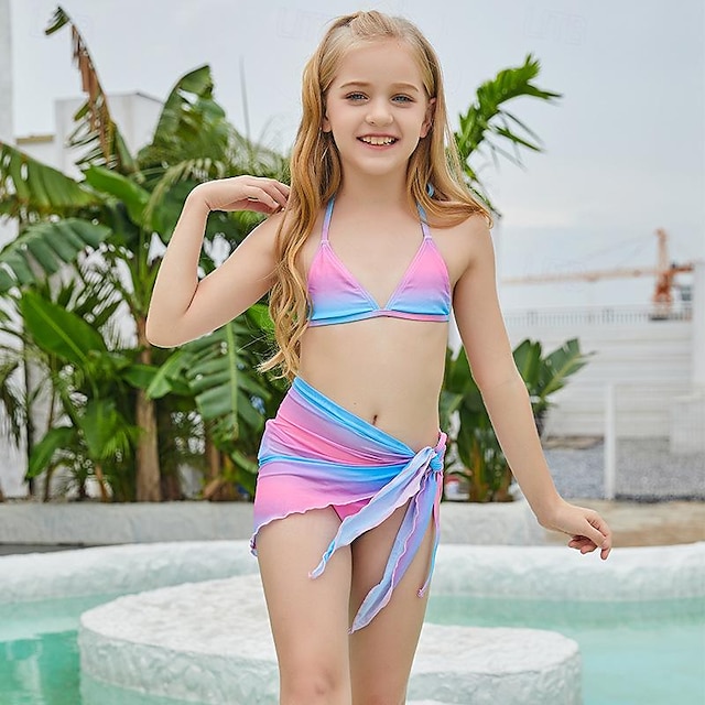  בנות חוף לכסות חופשה מפוצלת בגד ים צבע שיפוע ביקיני שלושה חלקים בגד ים לילדים