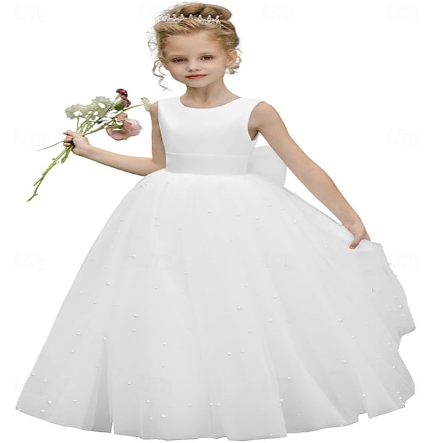  Koraliki perłowe sukienka dla dziewczynki w kwiaty bez rękawów bufiasta tiulowa suknia dla księżniczki na konkurs piękności suknia do pierwszej komunii z kokardką