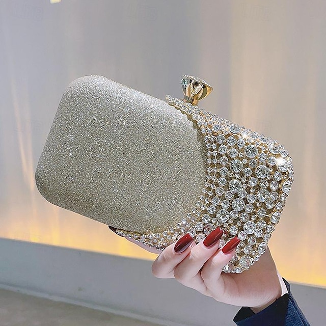  Women's Clutch Evening Bag Polyester Wedding Party Rhinestone Large Capacity Multi Carry Color Block Silver Black Pink