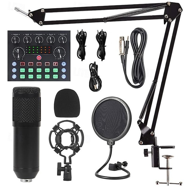  Pacote completo de estúdio de podcast bm800 microfone condensador v8s interface de áudio opções de energia flexíveis controle de volume superior