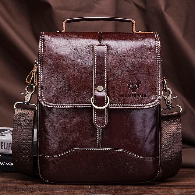  Men's Crossbody Bag Shoulder Bag Messenger Bag Nappa Leather Cowhide Daily Zipper Solid Color Light Brown Dark Brown Brown