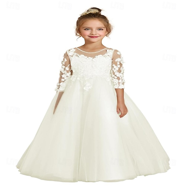  Koronkowa tiulowa długa sukienka dla dziewczynki w kwiaty na wesele sukienki księżniczki z dekoltem w kształcie litery 