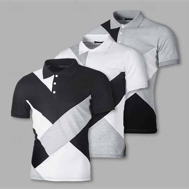  Multi Packs 3pcs Men's Lapel Short Sleeves Black+white+grey Polo Button Up Polos Golf Shirt Patchwork Color Block Daily Wear Vacation Polyester Spring & Summer