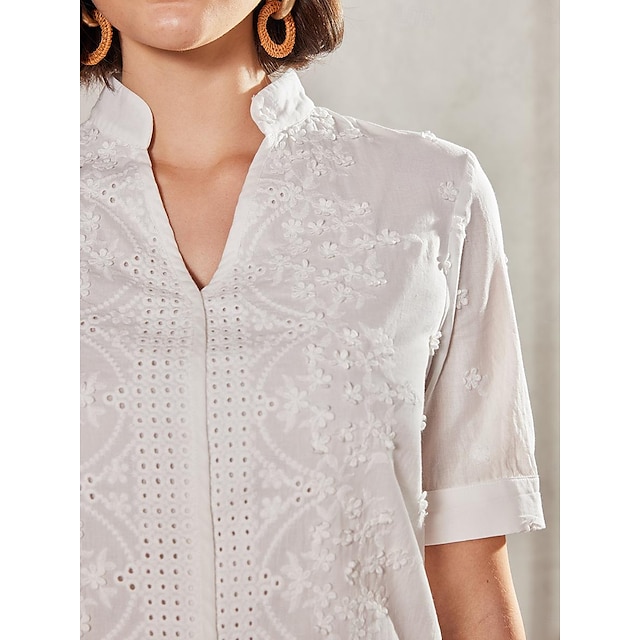 Women's Shirt Blouse White Eyelet Tops White Floral Plain Embroidered ...