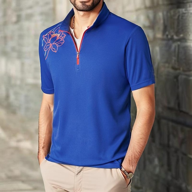  Men's Gym Shirt Men Tops Zip Polo Golf Polo Standing Collar Short Sleeve Sport Casual Daily Gym Quick dry Breathable Soft Flower / Plants Lake Blue Red Graphic Print Activewear Normal Fashion Basic