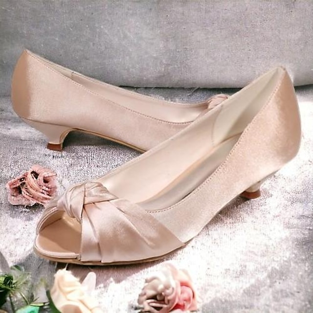  Women's Wedding Shoes Pumps Flats Bridal Shoes Bowknot Low Heel Peep Toe Elegant Satin White Ivory Silver