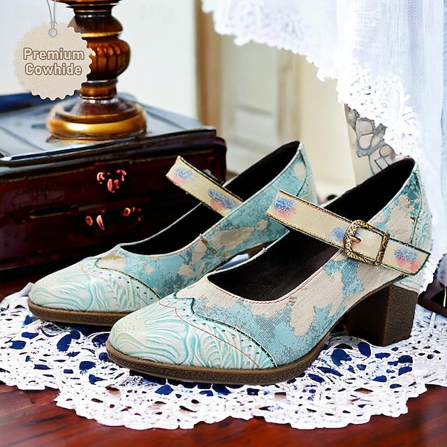  Dames Hoge hakken Pompen Handgemaakte schoenen Vintage schoenen Bruiloft Feest Kleurenblok Kegelhak Ronde Teen Elegant Vintage Leer Gesp Licht Blauw