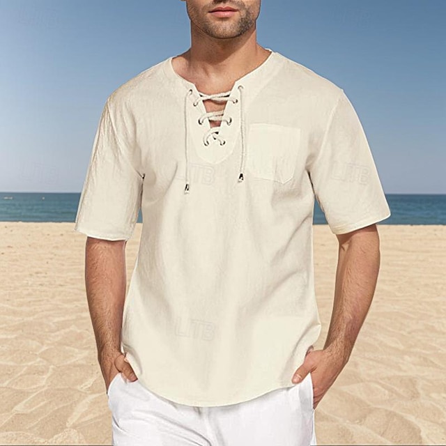  Herren T Shirt Tee Kurzarm-Shirt T-Shirt Glatt V Ausschnitt Strasse Urlaub Kurzarm mit Schnürung Patchwork Bekleidung Modisch Designer Basic