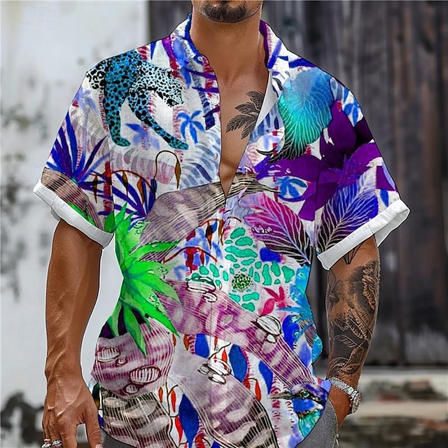 Hawaii-Hemd mit 3D-Druck für Herren mit floralem Blattmuster, Outdoor-Urlaub, Strand, Sommer, Turndown-Kurzarm, weiß, blau, lila, S, M, L, Slub-Stoff