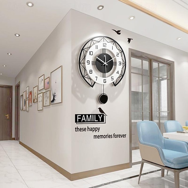  ブラック & ホワイトモダンな壁時計 3d 中空デザイン振り子サイレント金属ポインター表示ラウンド掛け時計リビングルームの壁の装飾 35 43 50 センチメートル