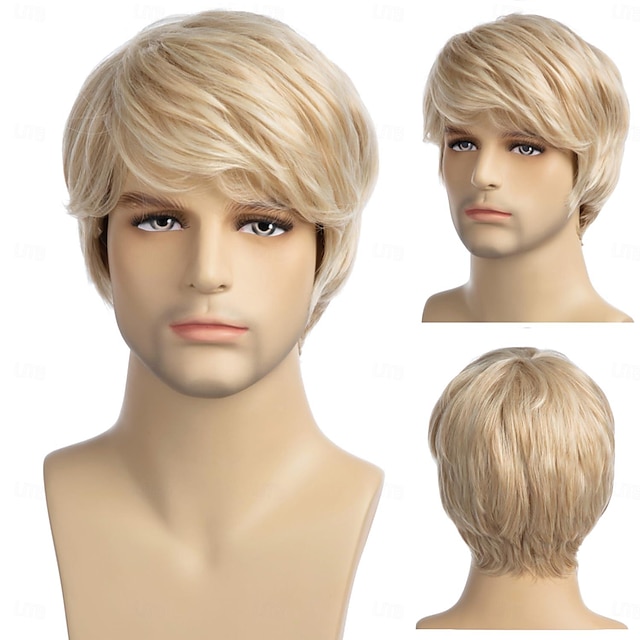  herreparykk kort blond parykk kort lagdelt syntetisk hår for mannlig cosplay anime halloween parykk