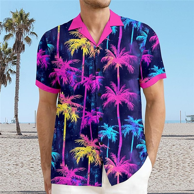  Palmeira Férias Havaiana Estilo resort Homens Camisa Social Feriado Férias Praia Verão colar cubano Manga Curta Roxo S M L Camisa