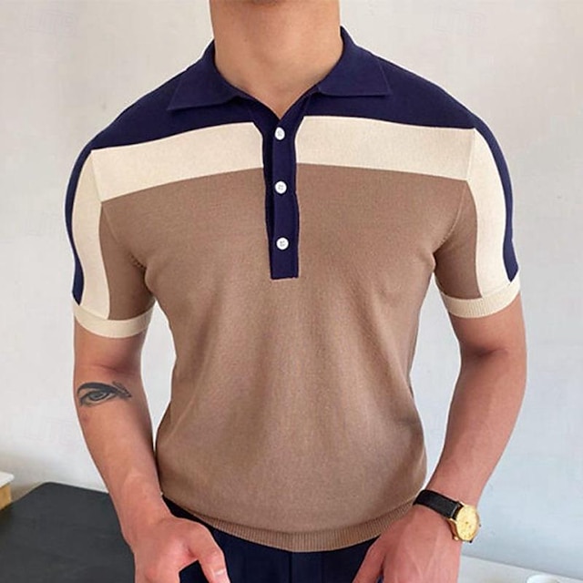 Men's Golf Shirt Golf Polo Work Casual Lapel Short Sleeve Basic Modern Color Block Patchwork Button Spring & Summer Regular Fit Khaki Golf Shirt
