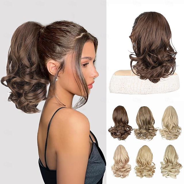 Short Ponytail Extension Brown Drawstring Ponytail for Women Curly Wavy Pony Tail