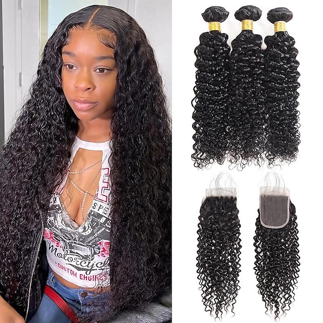  Curly Wave Human Hair Bundles With Closure Frontal HD lace Brazilian Hair Weave Extension 3/4 Bundles Hair Bundles With Closure
