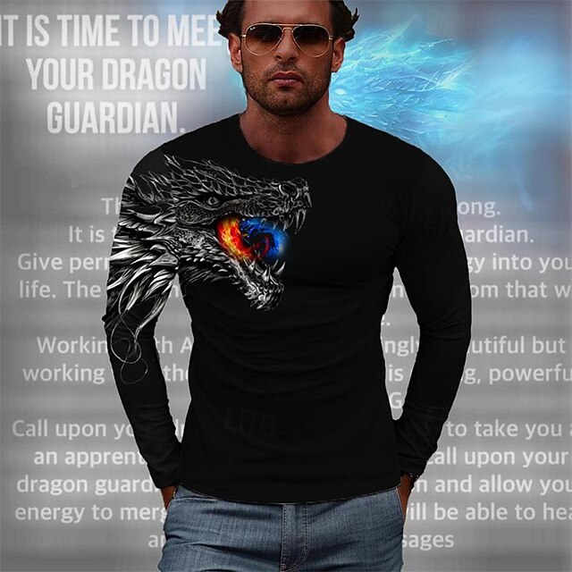 Men's Dragon T Shirt Long Sleeve T shirt 3D Print Crew Neck Shirt Fashion Designer Casual Sports Outdoor Holiday Going out Brown Gray Spring &  Fall Clothing Apparel S M L XL 2XL 3XL4