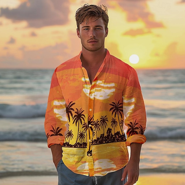  قمصان رجالية مطبوعة بشجرة جوز الهند، قميص منتجع هاواي، قميص بأزرار لأعلى، ملابس يومية للعطلات، الشاطئ، الربيع والصيف، طية صدر السترة، كم طويل، قميص قطني برتقالي