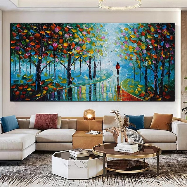  peinture au couteau à pattle couple peint à la main avec parapluie marchant sous les lumières arbres effet de peinture à l'huile retrousser l'art de la toile peinture d'art mural peinture de paysage