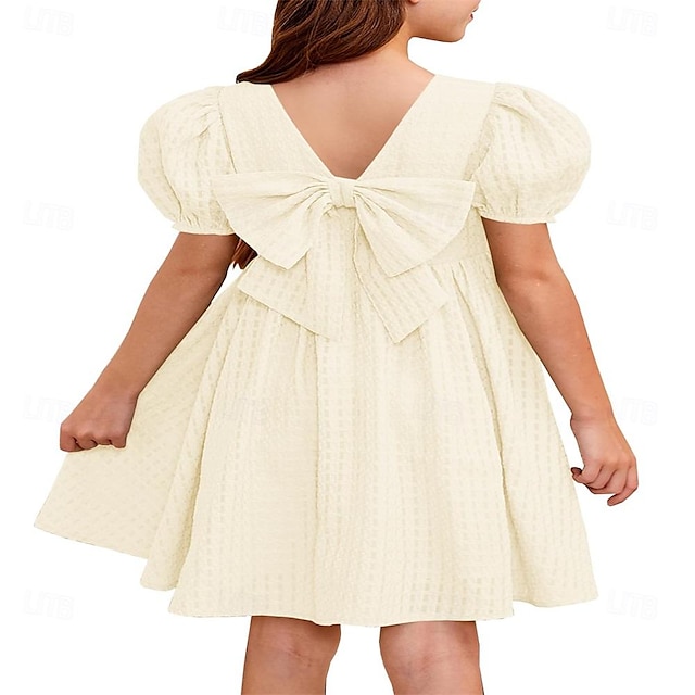  Girls Summer Puff Sleeve A-Line Flared Backless Casual Party Midi Dress for 6-12 Years with Bowknot