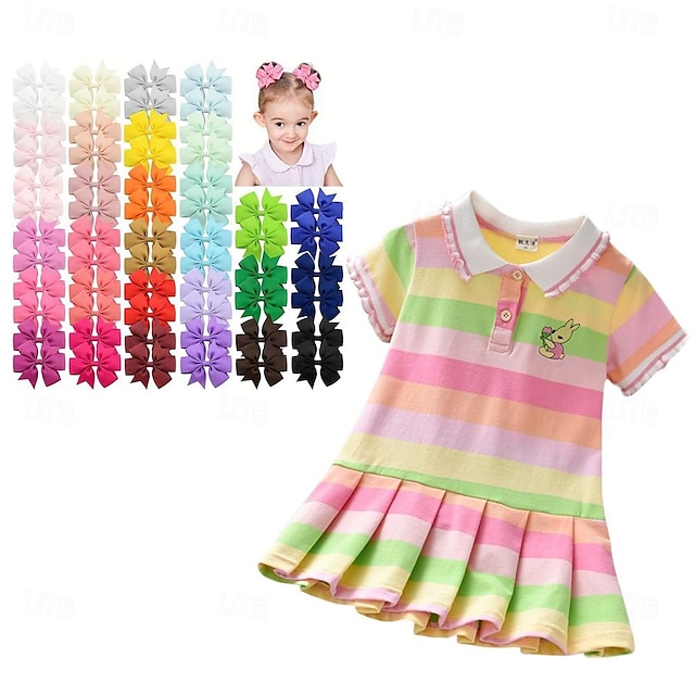  Kids Girls' Dress Rainbow Stripe Short Sleeve Outdoor Pleated Active Fashion Cute Cotton Knee-length Casual Dress A Line Dress Summer Dress 3-7 Years With 40-Piece Girls' Bow Hair Clips