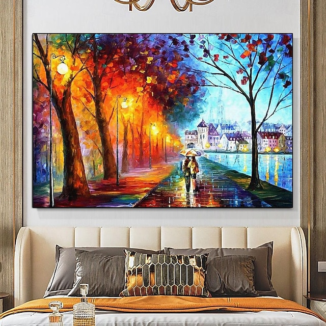 Hand painted Couple with Umbrella Walking Under the Lights Trees Oil